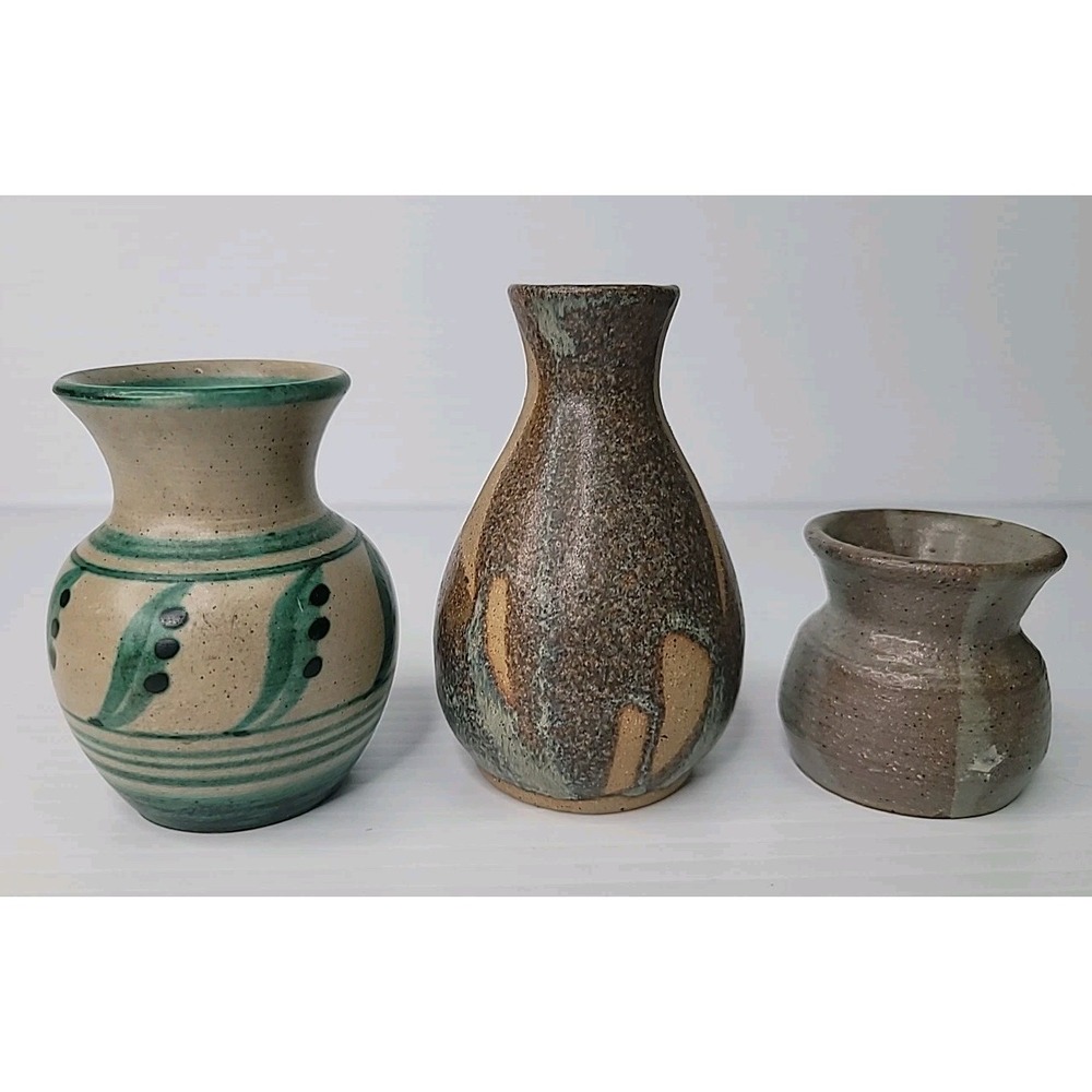 3 Vintage Art Pottery Vase Mid Century Modern Drip Glaze Brown Green All Signed‎
